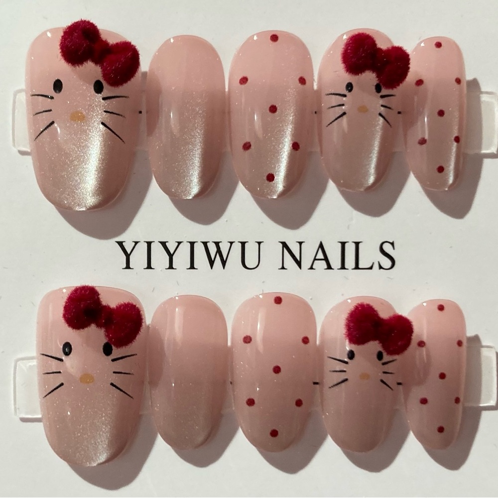 [M] 🎀💅 10Pcs Wearable Press on Nails Short Almond Pink Hello Kitty Red Polka Dot